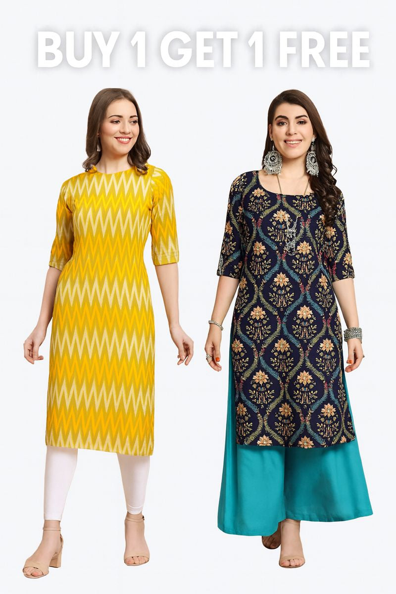Buy 1 Get 1 Free Printed Kurti for Women | Stylish Daily Wear Kurti Combo