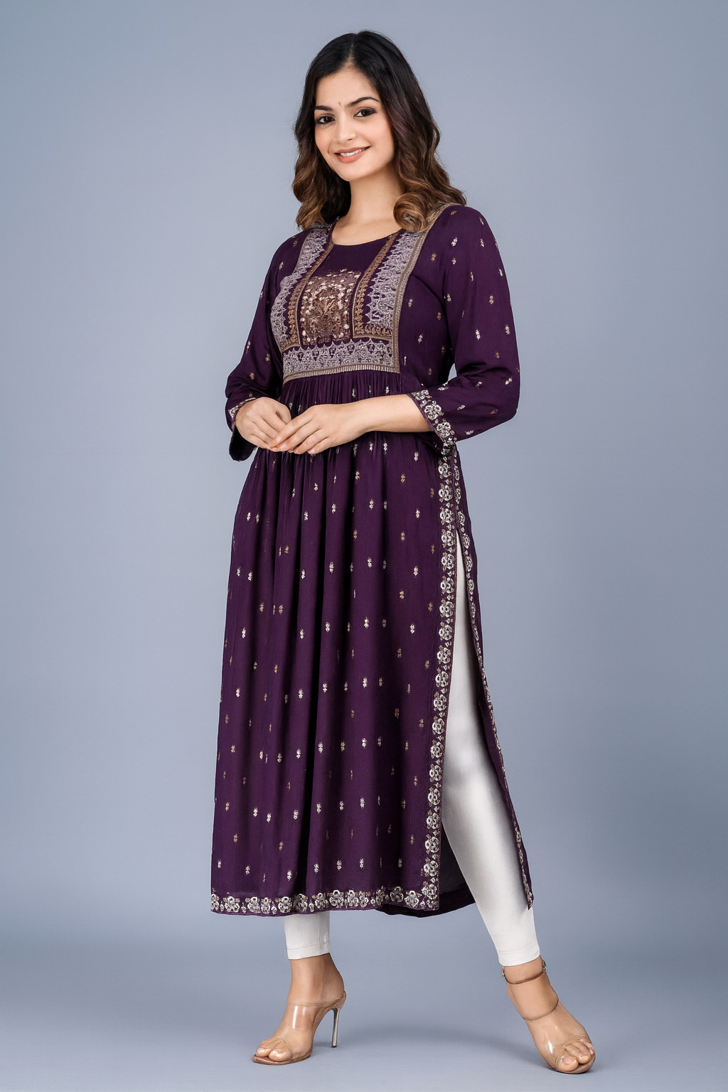 Women's Designer Purple Printed Anarkali Kurti with Embroidered Yoke – Festive & Ethnic Wear