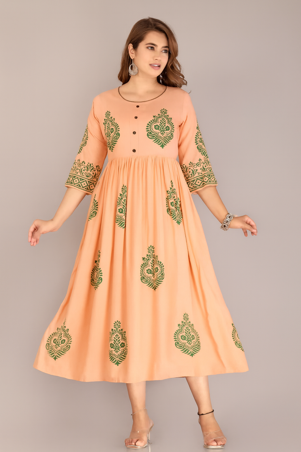 Peach Printed Anarkali Kurti for Women with Green Ethnic Motifs – Designer Festive Wear