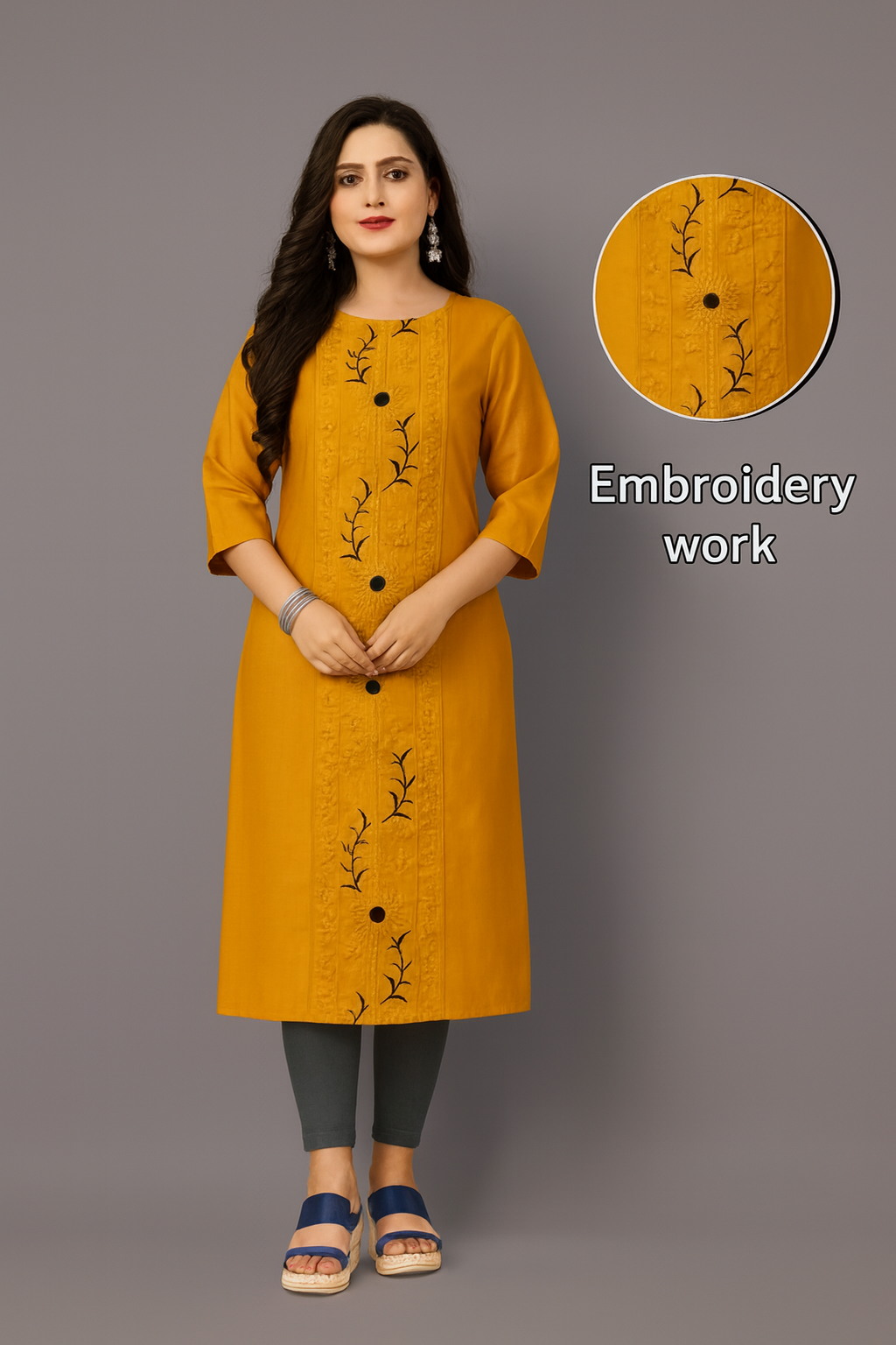 Mustard Yellow Embroidered Straight Kurti for Women – Elegant Daily & Office Wear