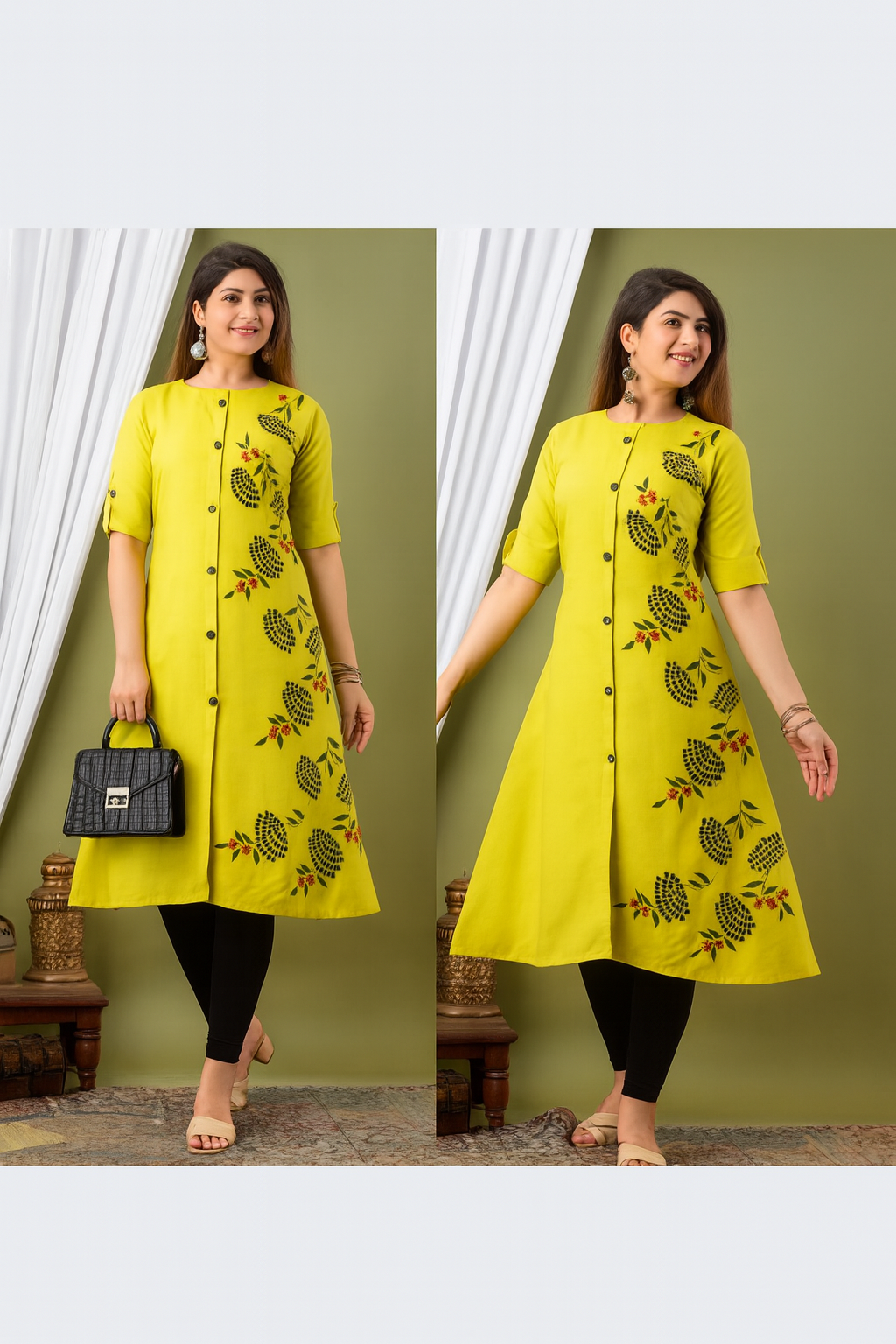 Lime Yellow A-Line Kurti for Women with Floral Embroidery & Front Button Design – Stylish Casual & Office Wear