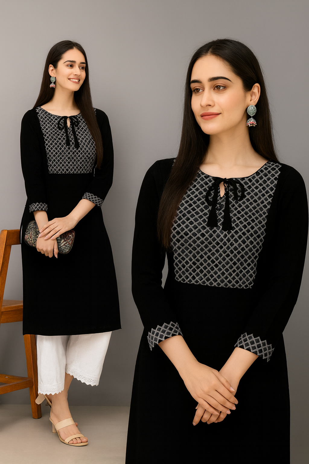 Black Printed Straight Kurti for Women with Stylish Neck Tie & Geometric Pattern – Office & Casual Wear