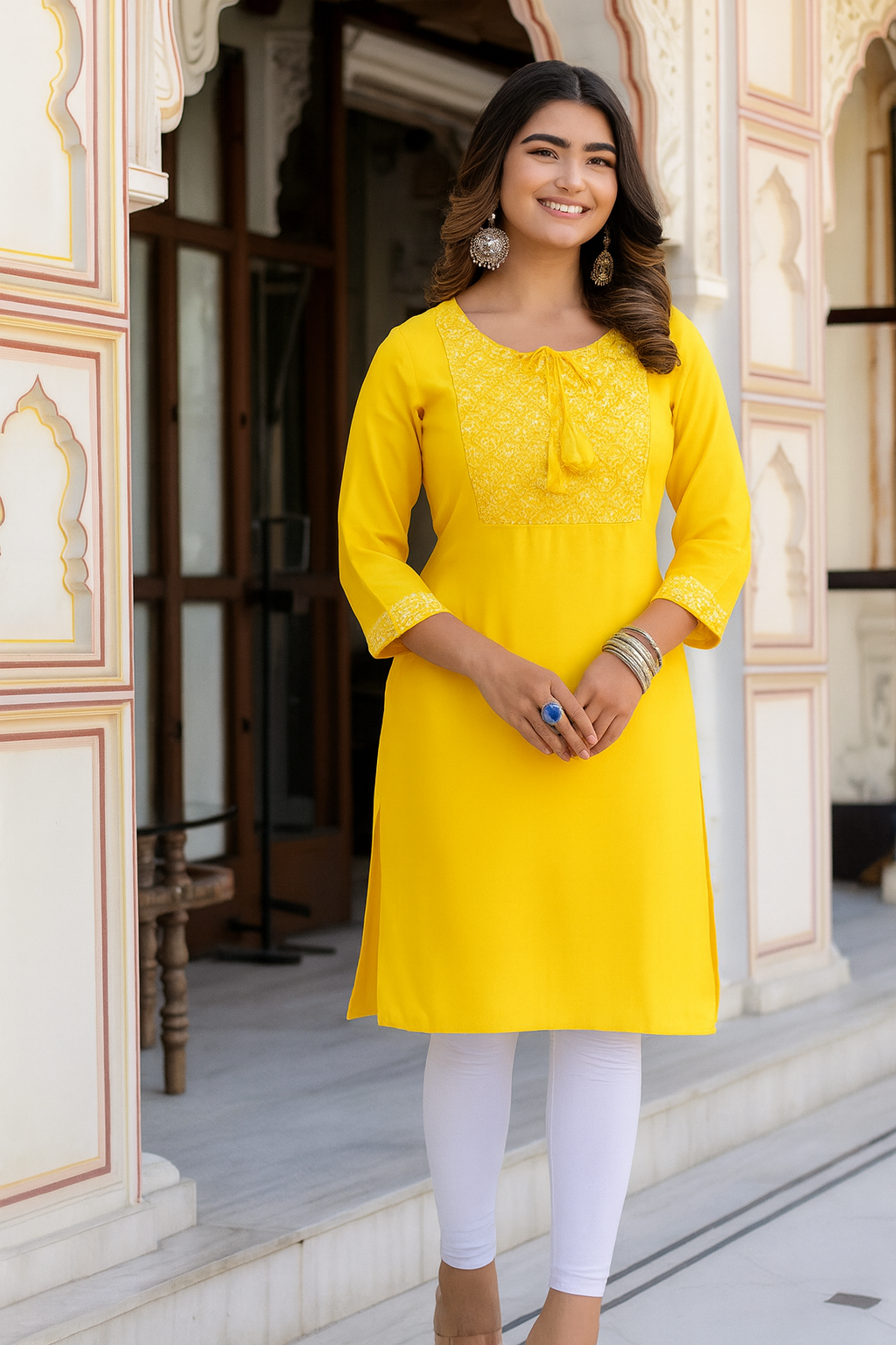 Bright Yellow Embroidered Straight Kurti for Women with Tie-Up Neck – Elegant Daily & Festive Wear