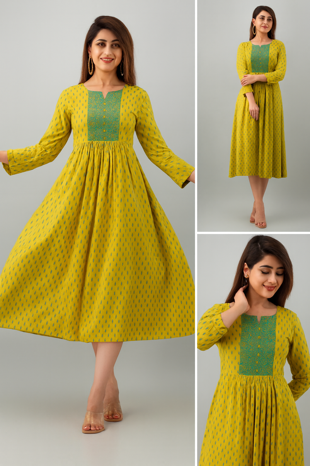 Mustard Yellow Printed Anarkali Kurti for Women with Embroidered Front Panel – Festive & Daily Wear