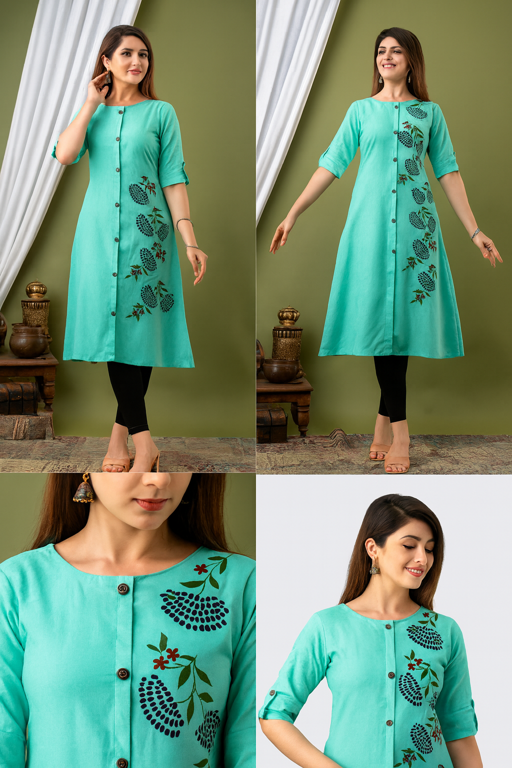 Aqua Blue A-Line Kurti for Women with Side Floral Embroidery & Front Button Design – Stylish Daily & Office Wear