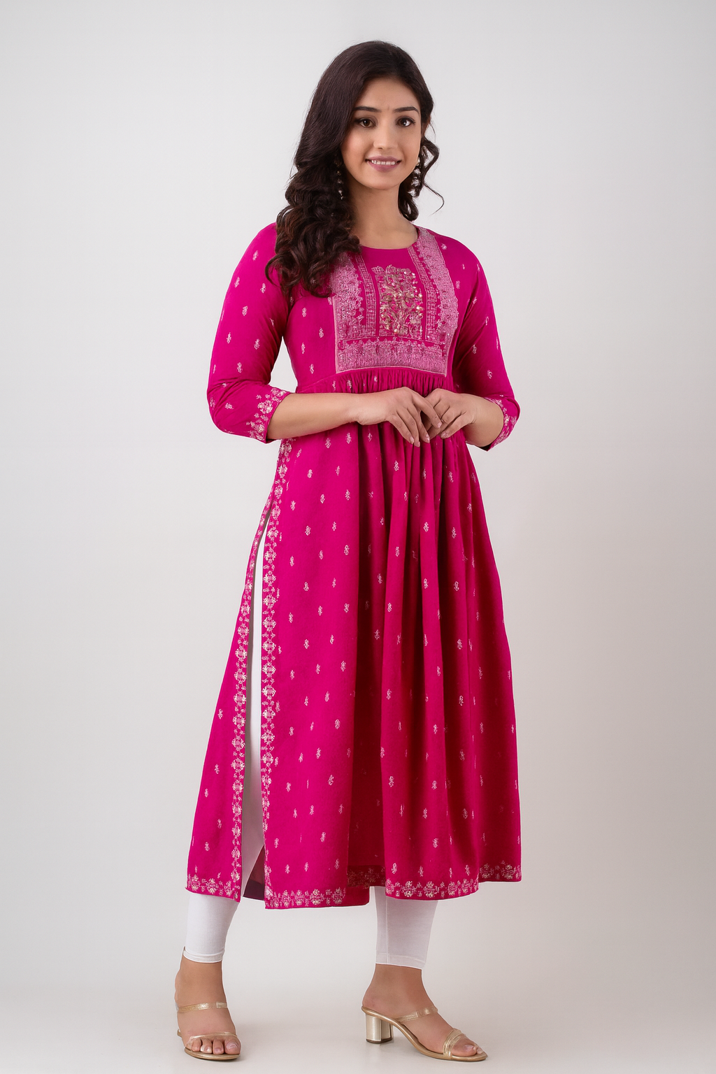 Pink Embroidered Anarkali Kurti for Women with Printed Border & Side Slit – Festive & Ethnic Wear