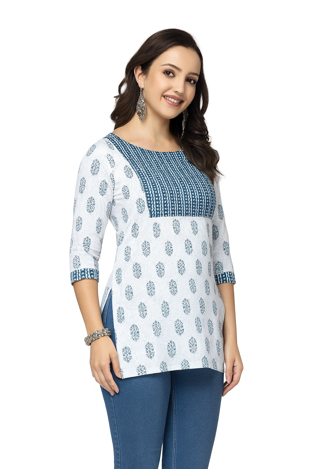 Women’s Blue & White Printed Cotton Kurti – Comfortable Daily Wear Top