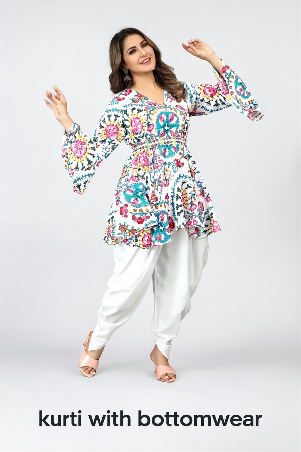 Women's Printed Peplum Kurti with Bottomwear Set | Stylish Flared Top & Dhoti Pant | Festive & Casual Wear