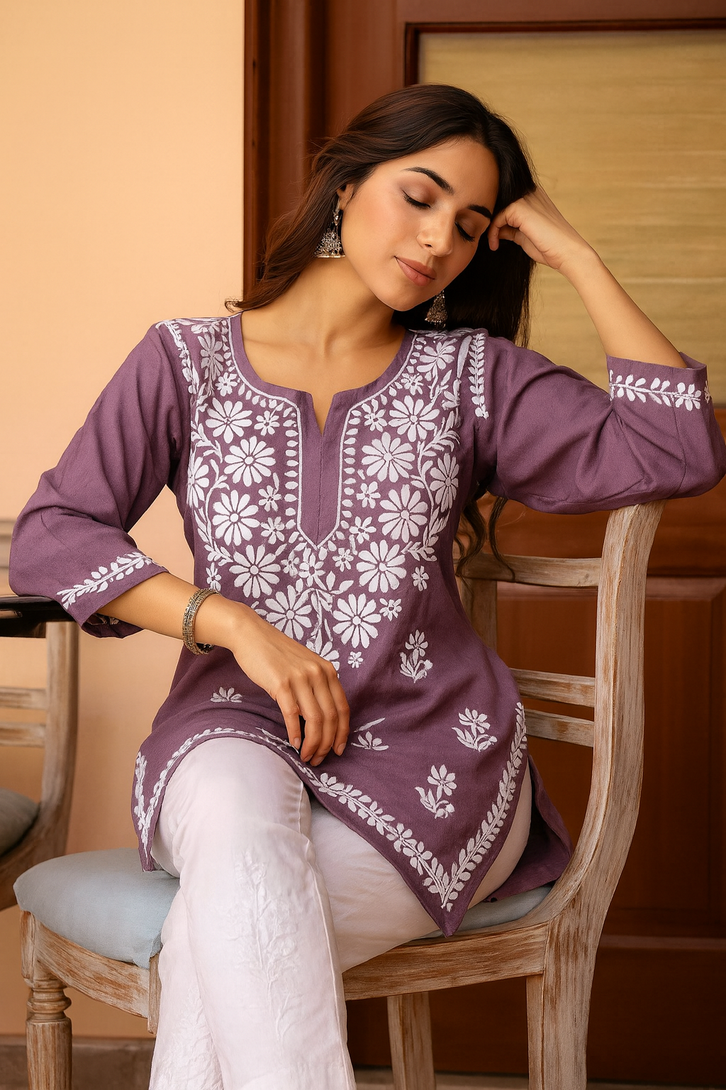 Women's Embroidered Cotton Kurti | Purple Floral Chikankari Style Top | Daily & Office Wear