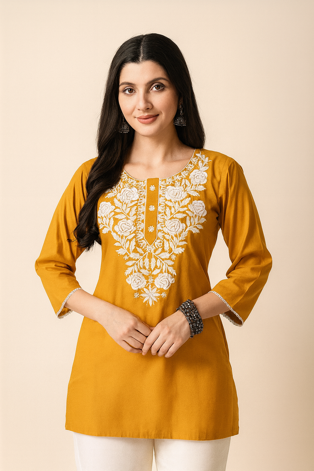 Women's Mustard Yellow Embroidered Kurti | Elegant Floral Thread Work Kurta | Daily & Festive Wear