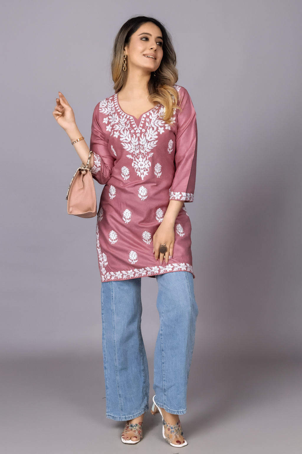 Women's Embroidered Pink Kurti | Elegant Floral Thread Work Kurta | Daily & Festive Wear