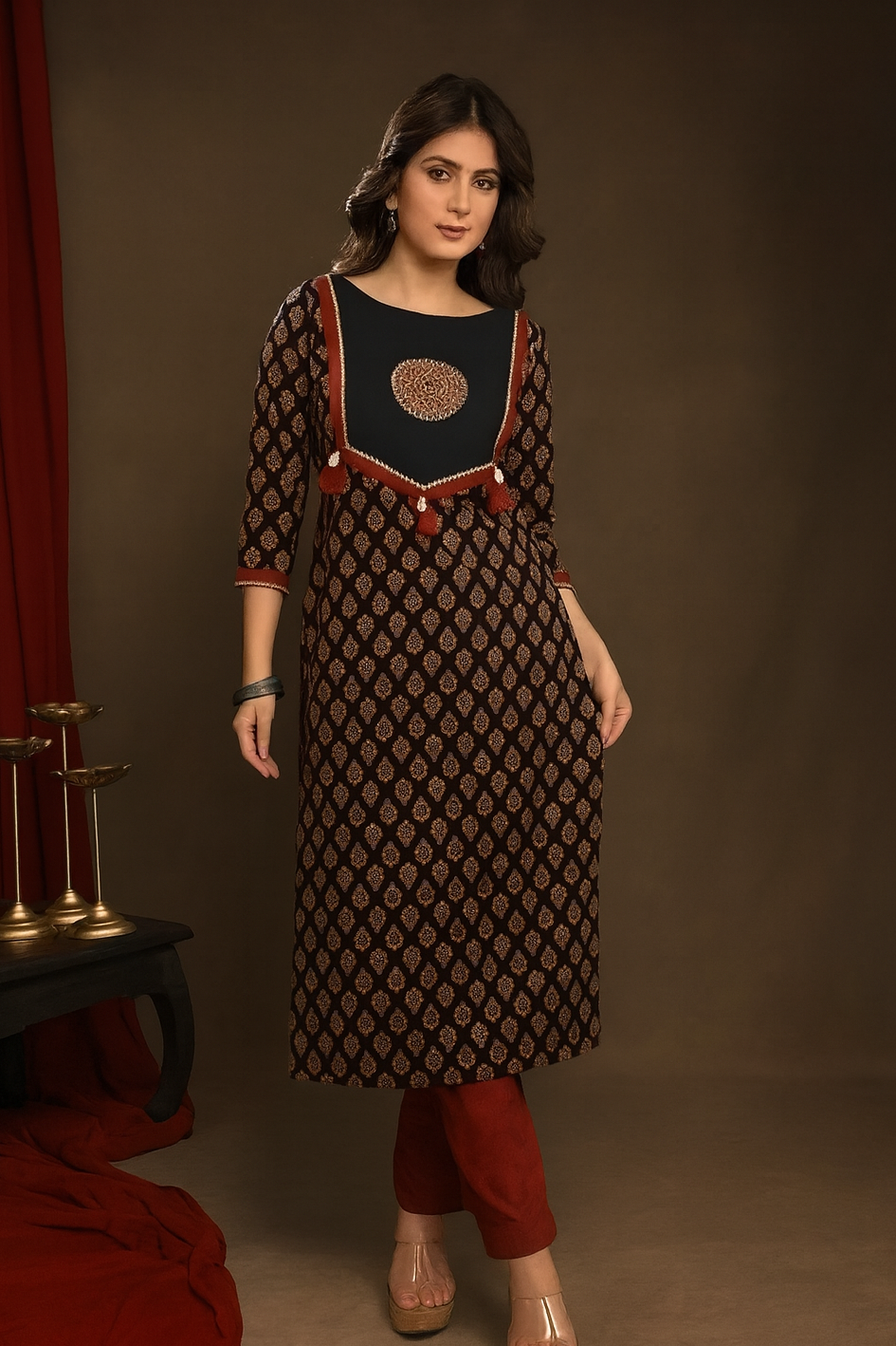 Women's Black & Maroon Printed Kurti | Elegant Ethnic Straight Kurta | Festive & Daily Wear