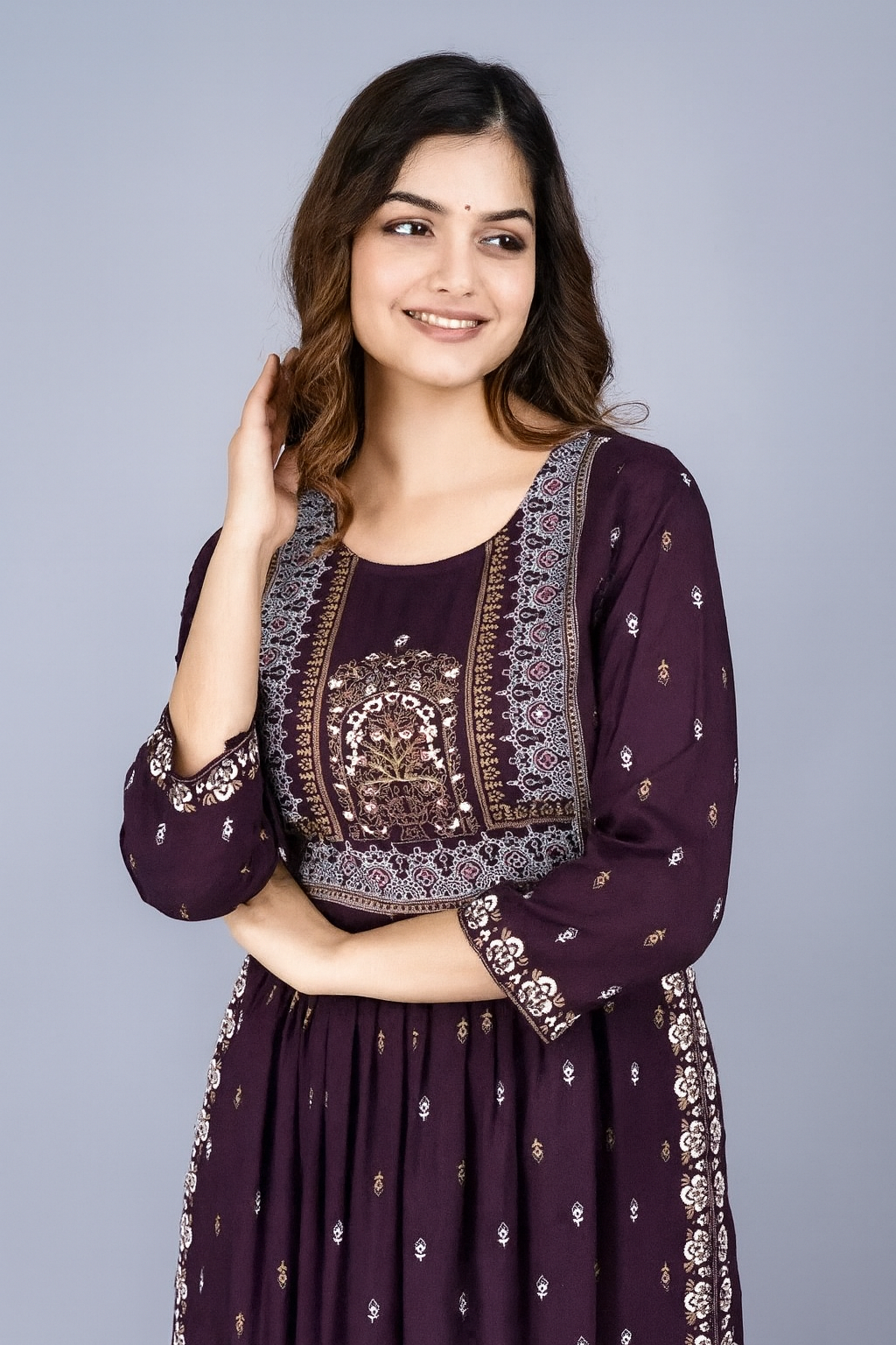 Women's Designer Purple Printed Anarkali Kurti with Embroidered Yoke – Festive & Ethnic Wear
