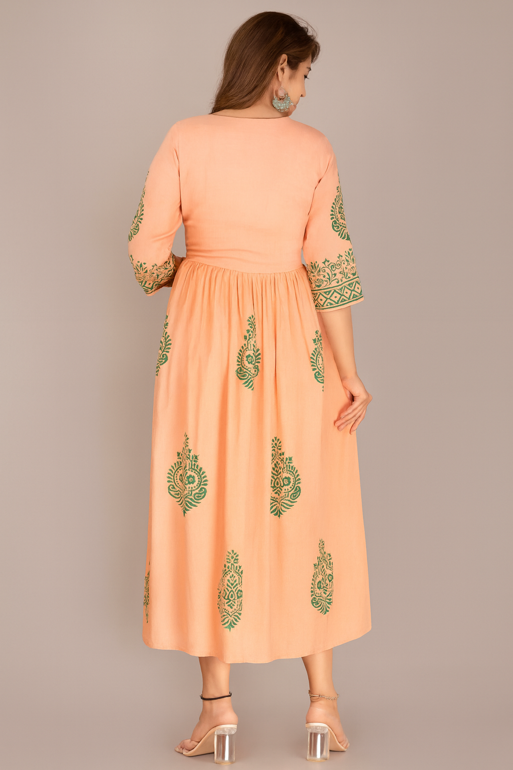 Peach Printed Anarkali Kurti for Women with Green Ethnic Motifs – Designer Festive Wear