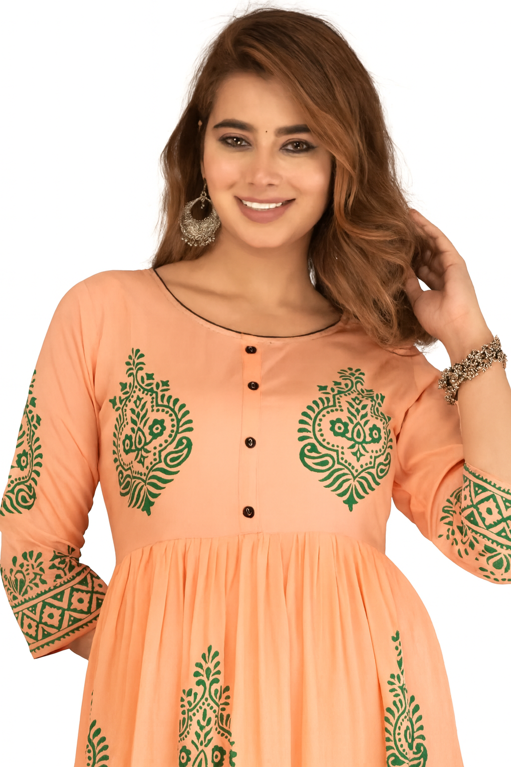Peach Printed Anarkali Kurti for Women with Green Ethnic Motifs – Designer Festive Wear