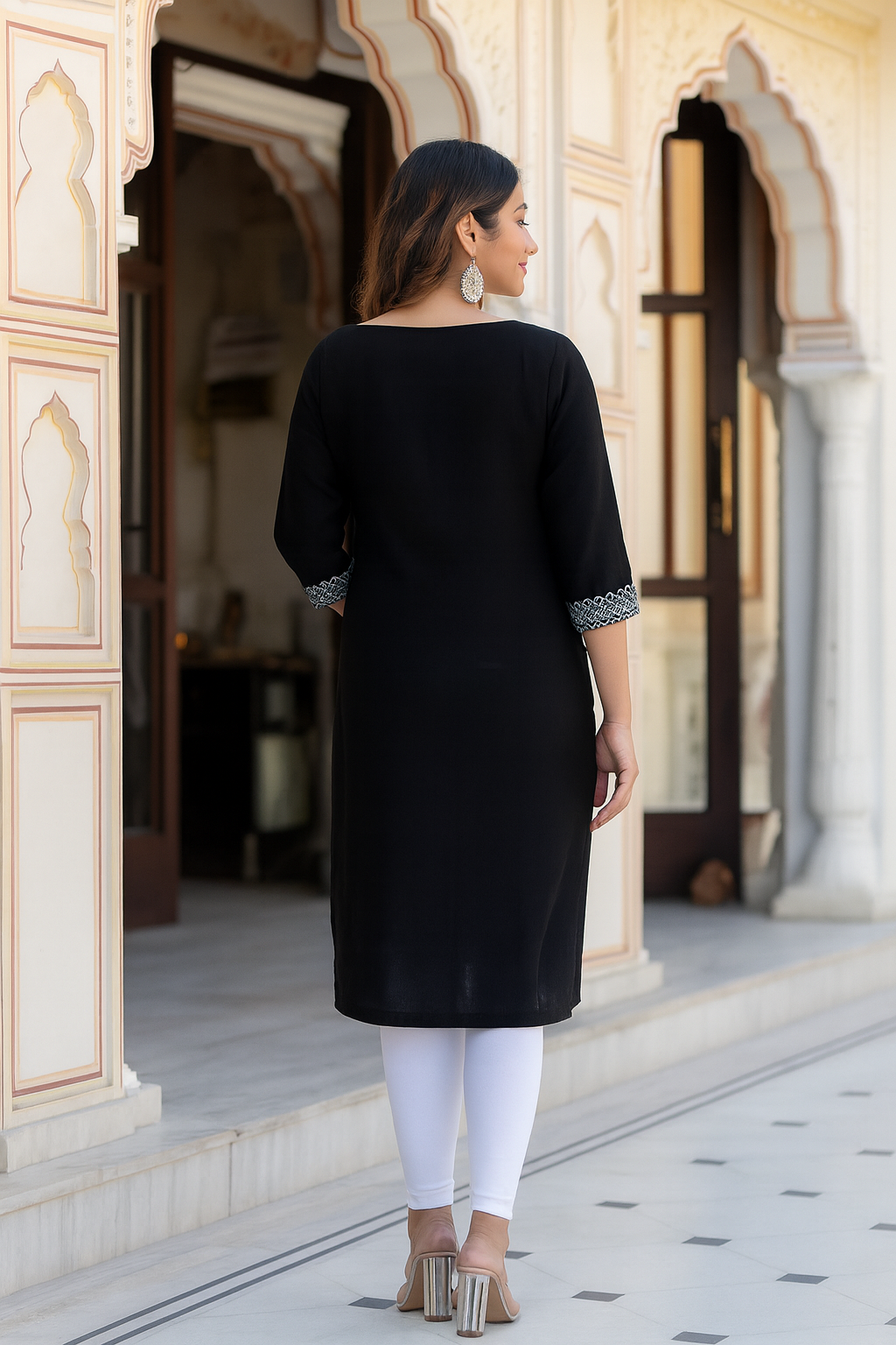 Black Printed Straight Kurti for Women with Stylish Neck Tie & Geometric Pattern – Office & Casual Wear