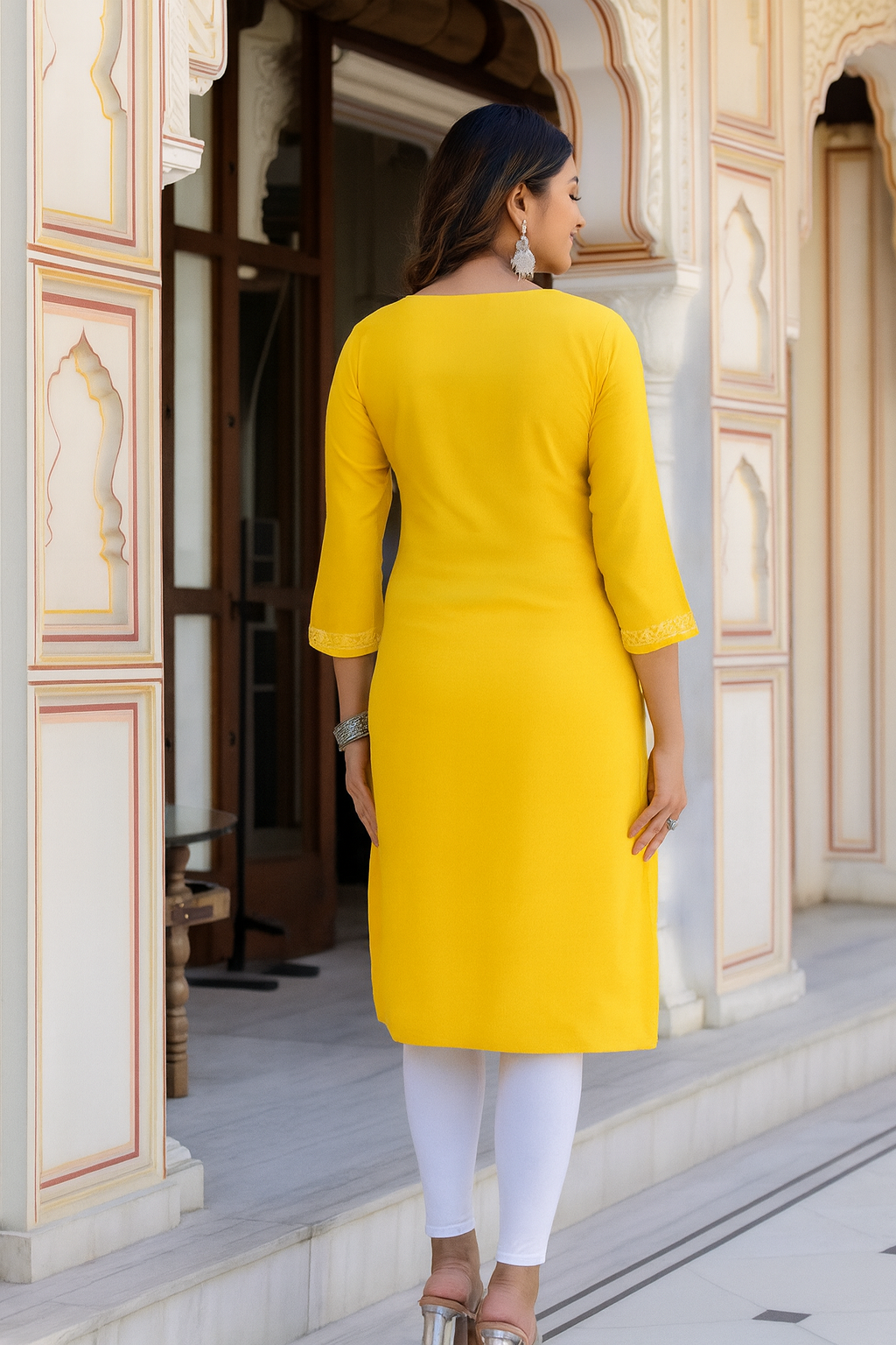 Bright Yellow Embroidered Straight Kurti for Women with Tie-Up Neck – Elegant Daily & Festive Wear