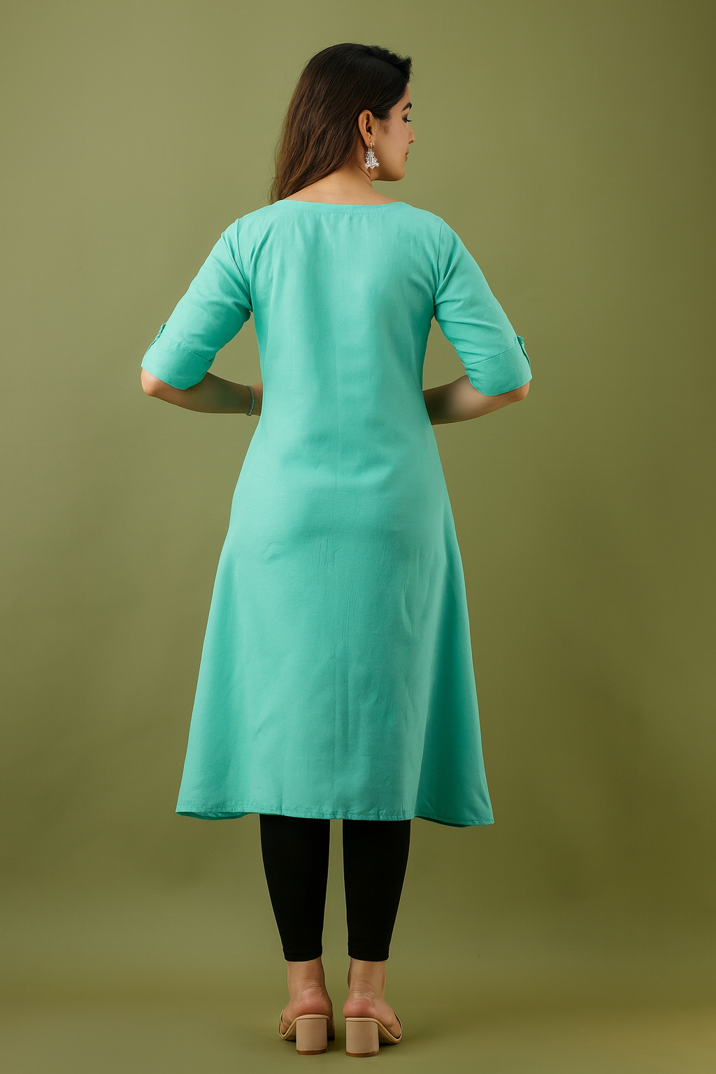 Aqua Blue A-Line Kurti for Women with Side Floral Embroidery & Front Button Design – Stylish Daily & Office Wear