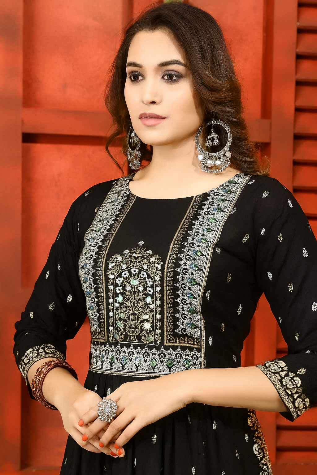 Black Embroidered Long Kurti for Women with Heavy Yoke Work & Side Slit – Festive & Party Wear