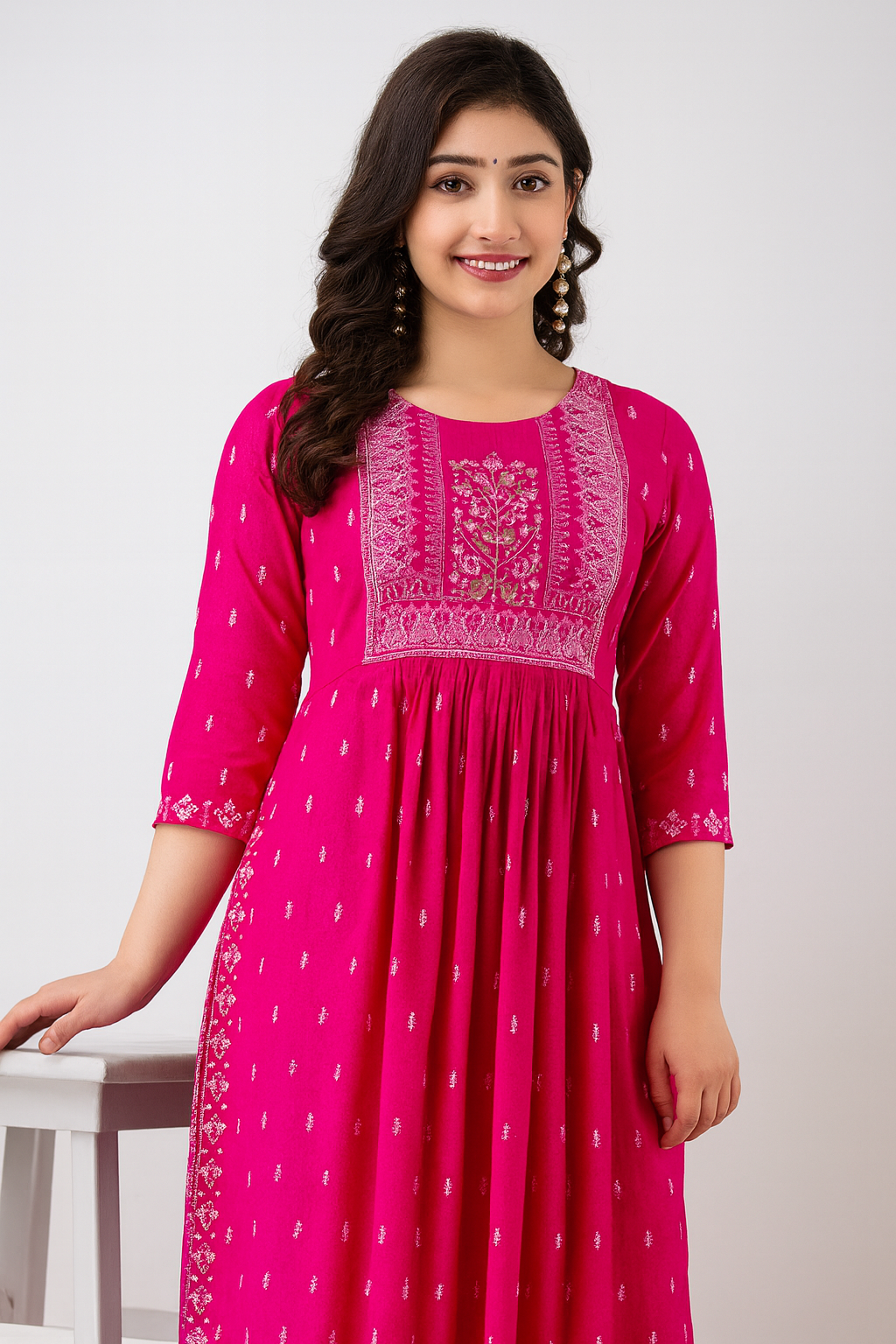 Pink Embroidered Anarkali Kurti for Women with Printed Border & Side Slit – Festive & Ethnic Wear