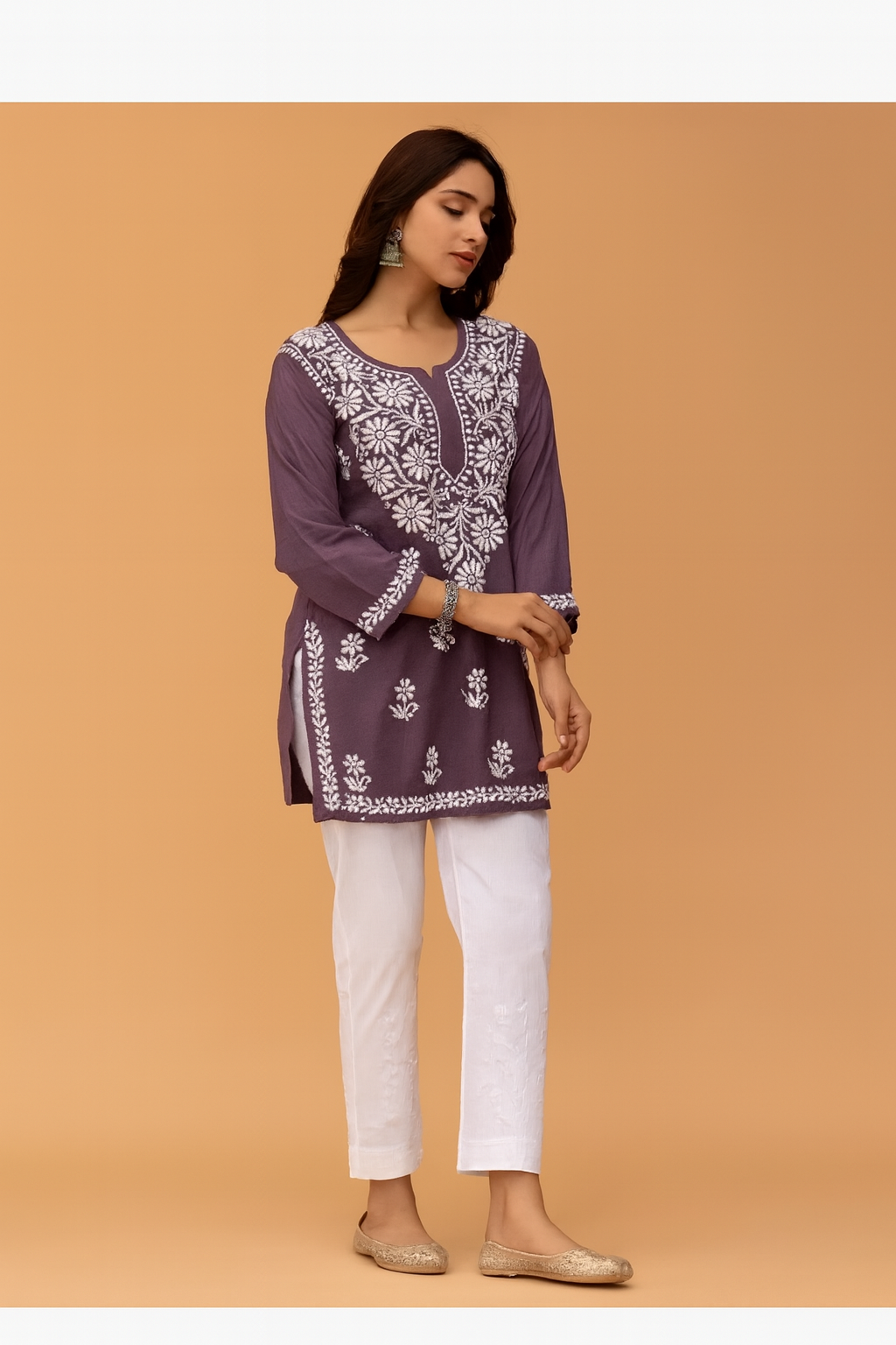 Women's Embroidered Cotton Kurti | Purple Floral Chikankari Style Top | Daily & Office Wear