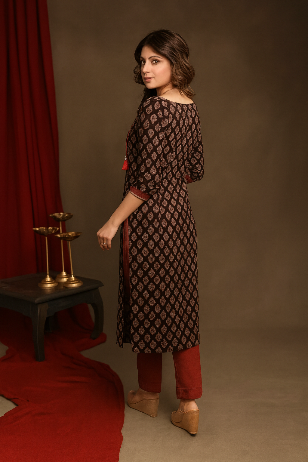 Women's Black & Maroon Printed Kurti | Elegant Ethnic Straight Kurta | Festive & Daily Wear