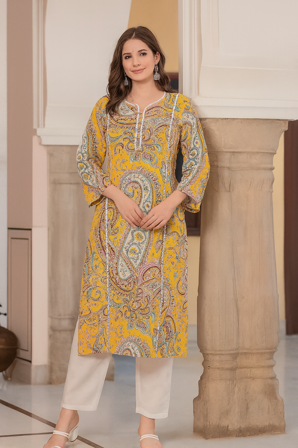 Women's Yellow Paisley Printed Kurti | Soft & Stylish Daily Wear Straight Kurta | Casual & Office Wear