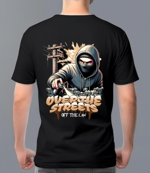 “Over the Streets – Off the Law” Urban Streetwear Graphic T-Shirt (Black)