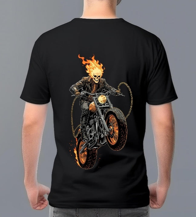 Black t-shirt with a graphic of a skeleton on a motorcycle with flames, worn by a person against a gray background.