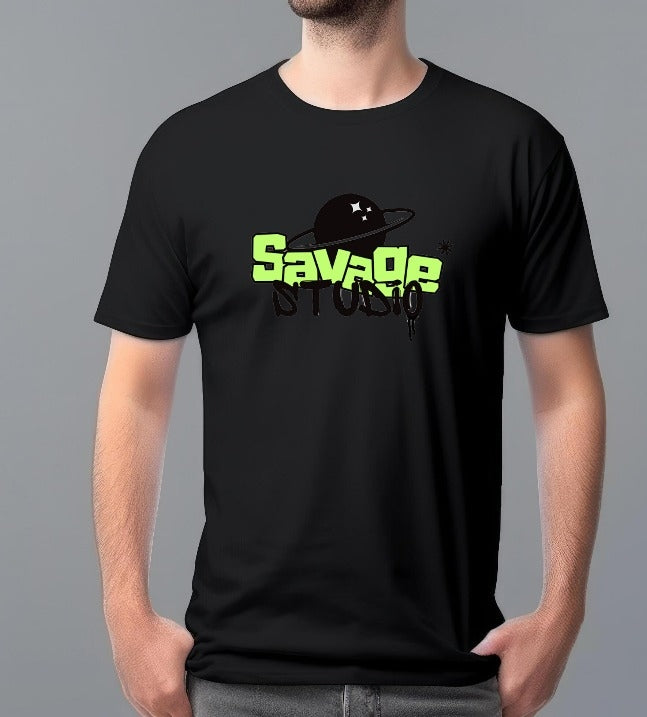 Black t-shirt with 'Savage is my style' text and graphic on a gray background