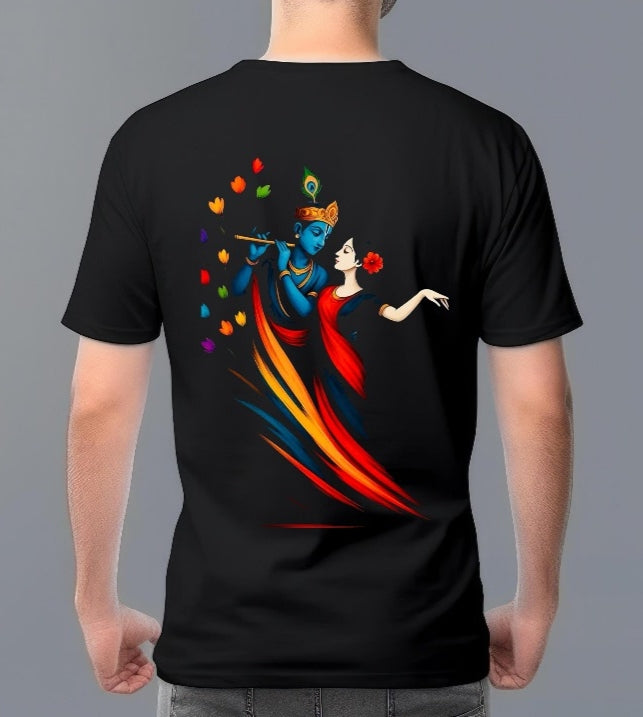Black t-shirt with colorful graphic design on a gray background