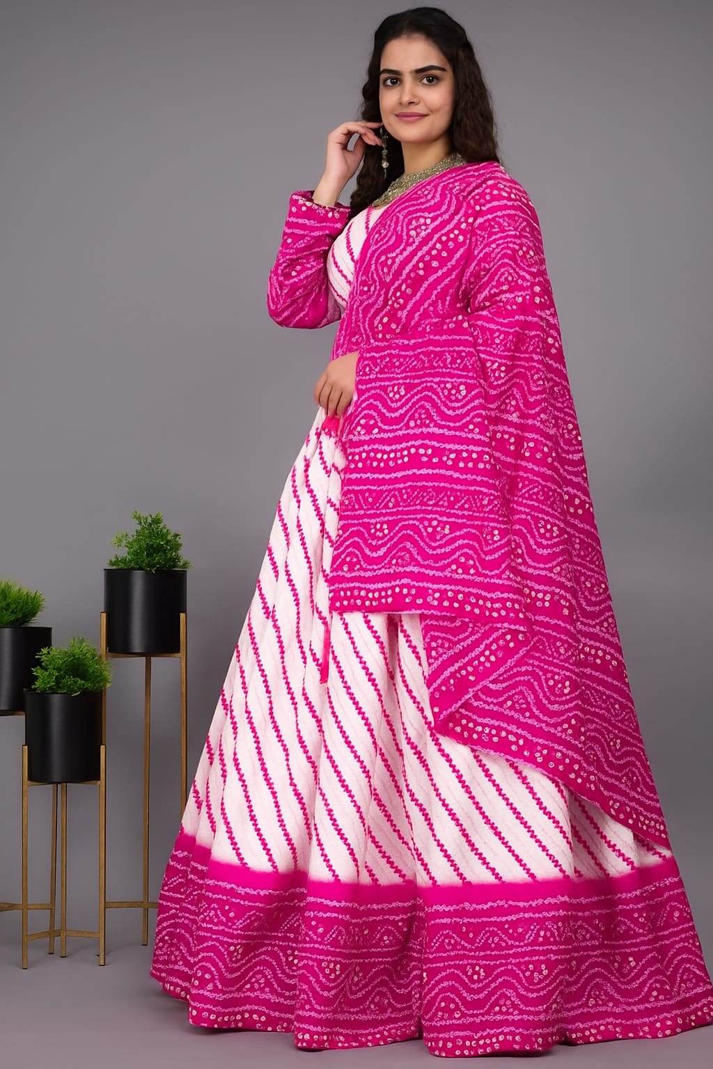 Pink & White Bandhani Print Lehenga Choli with Dupatta – Elegant Festive Traditional Wear for Women