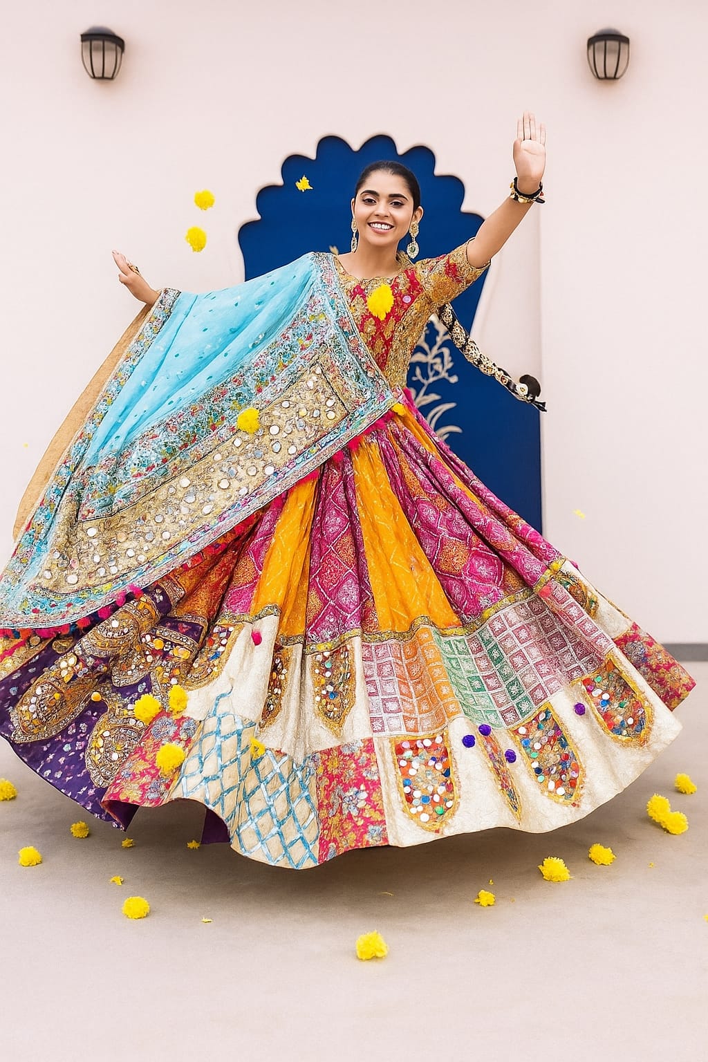 Multicolor Mirror Work Navratri Lehenga Choli with Sky Blue Dupatta – Vibrant Festive Garba Outfit for Women