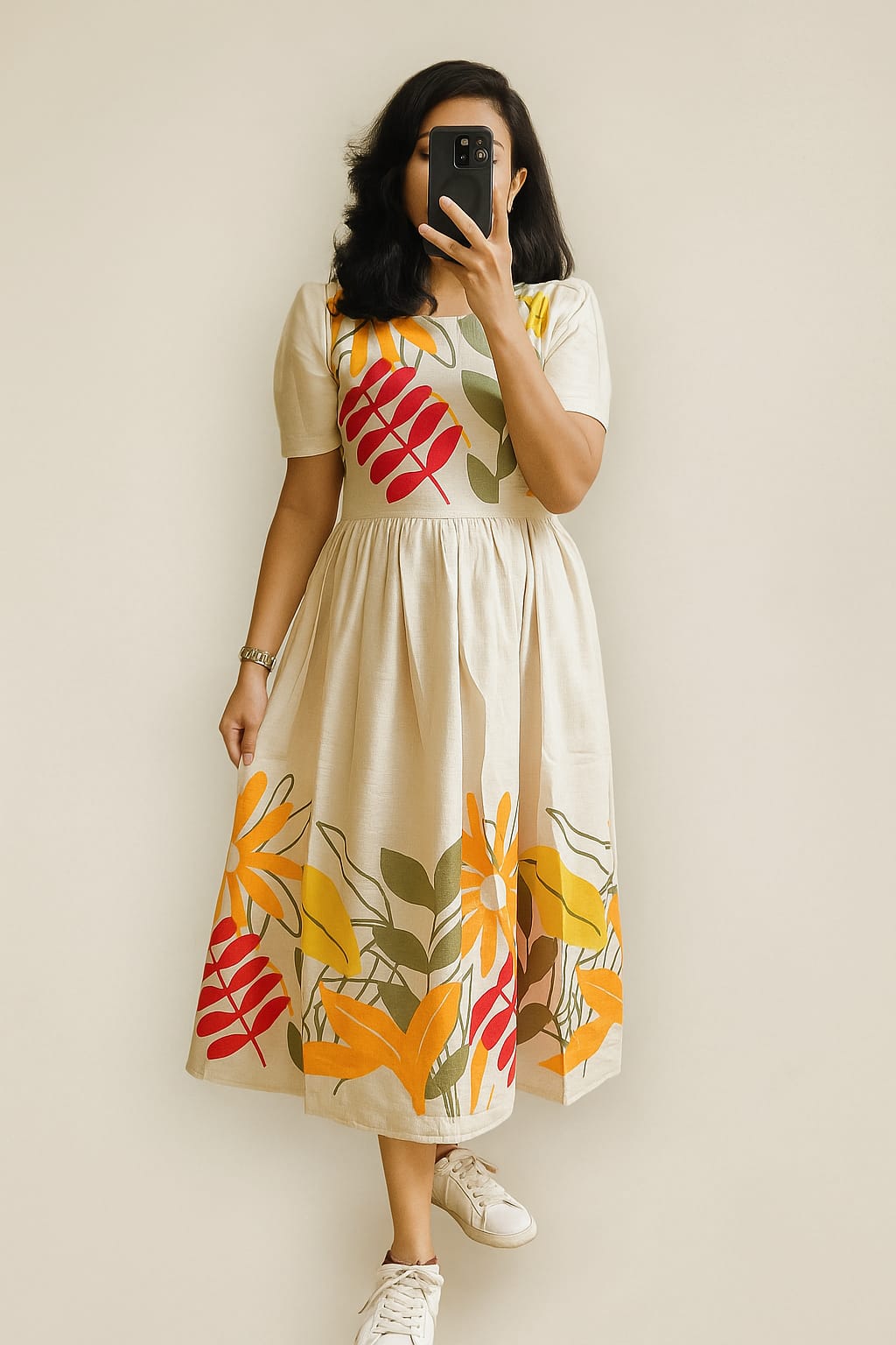 Buy Beige Cotton Floral Midi Dress for Women | Comfortable Summer Dress | SajTrends Collection