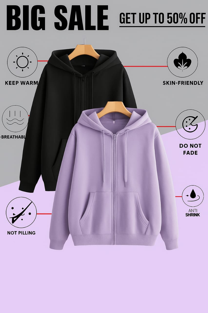 Unisex Winter Hoodie Combo (Pack of 2) – Black & Lavender Zip-Up Hooded Sweatshirts