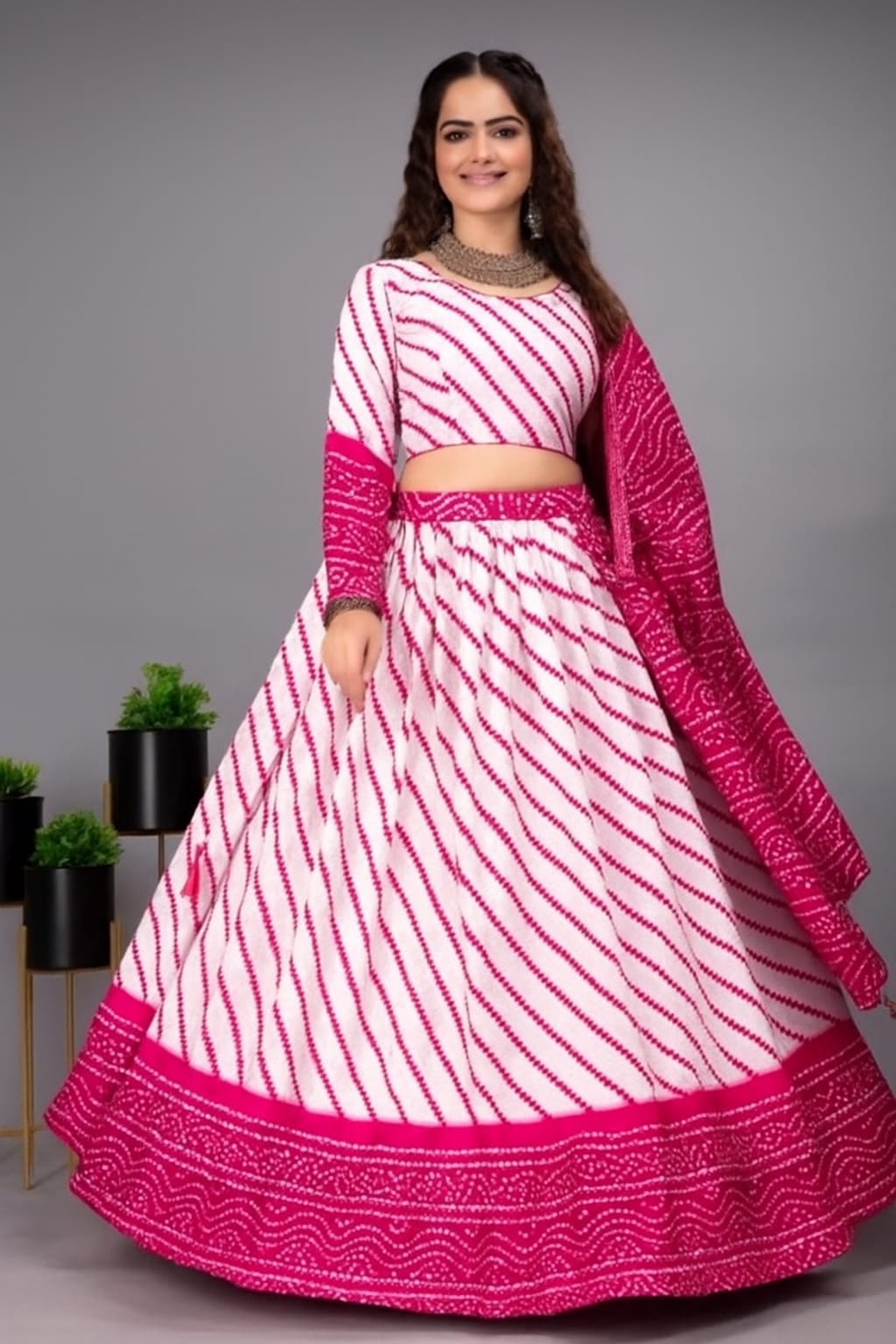 Pink & White Bandhani Print Lehenga Choli with Dupatta – Elegant Festive Traditional Wear for Women
