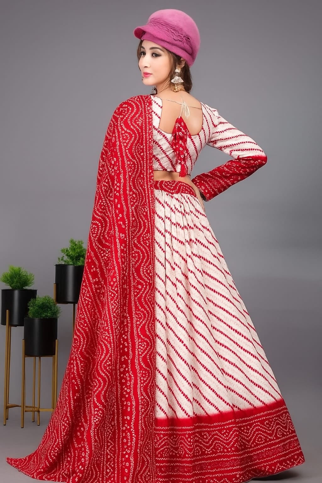 Red & White Bandhani Print Traditional Cotton Lehenga Choli with Dupatta – Festive Ethnic Wear for Women