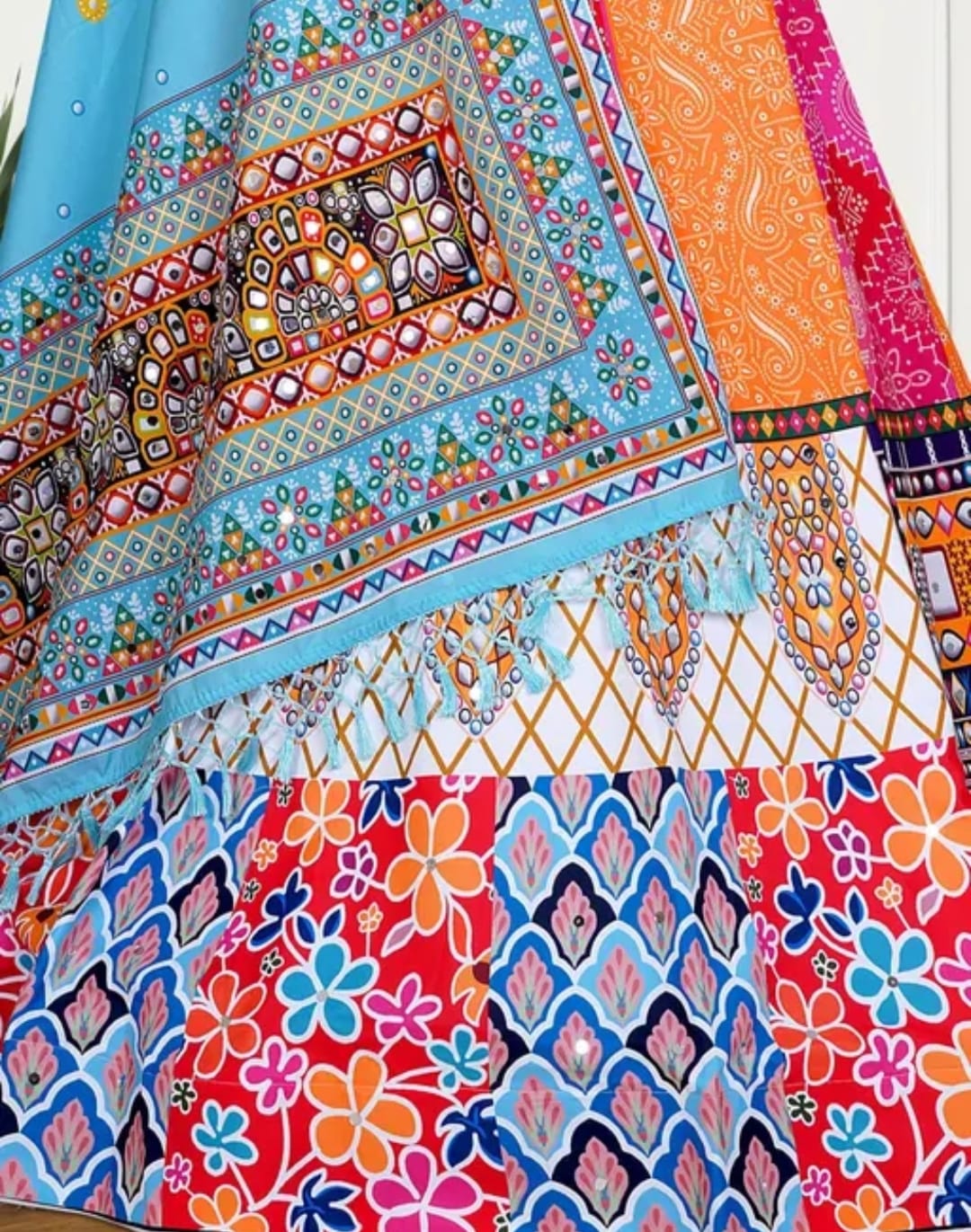 Multicolor Mirror Work Navratri Lehenga Choli with Sky Blue Dupatta – Vibrant Festive Garba Outfit for Women