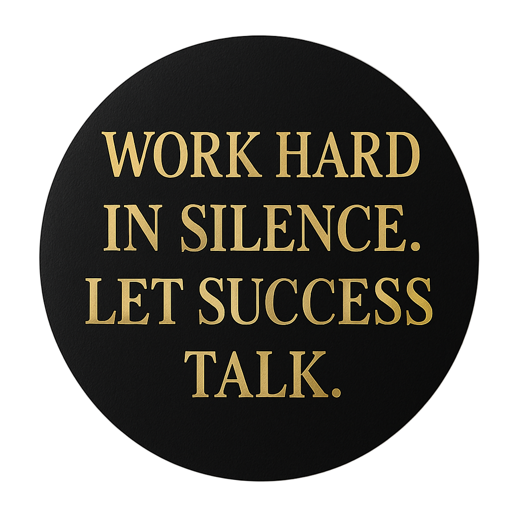 Round black sign with gold text on a beige background