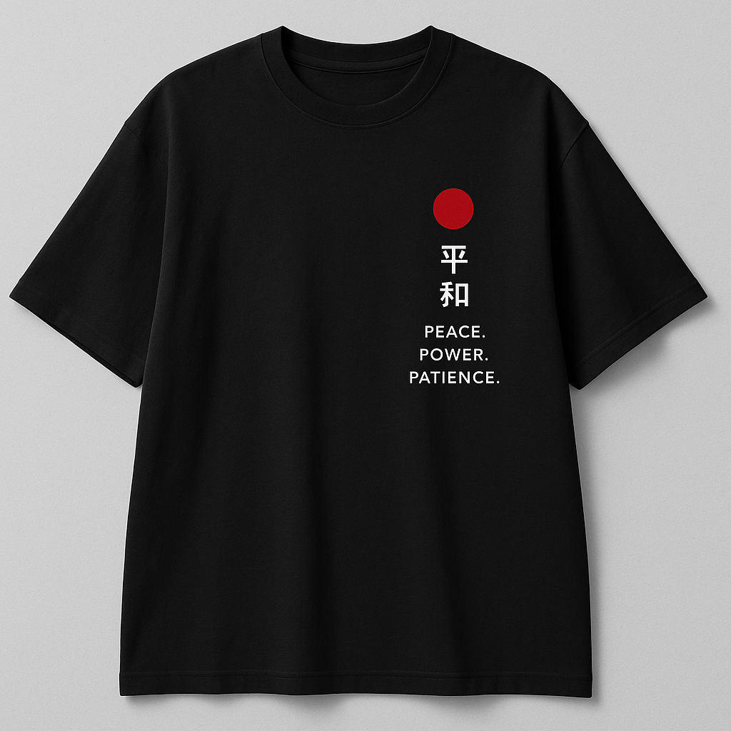 Black t-shirt with a red circle and white text on a gray background