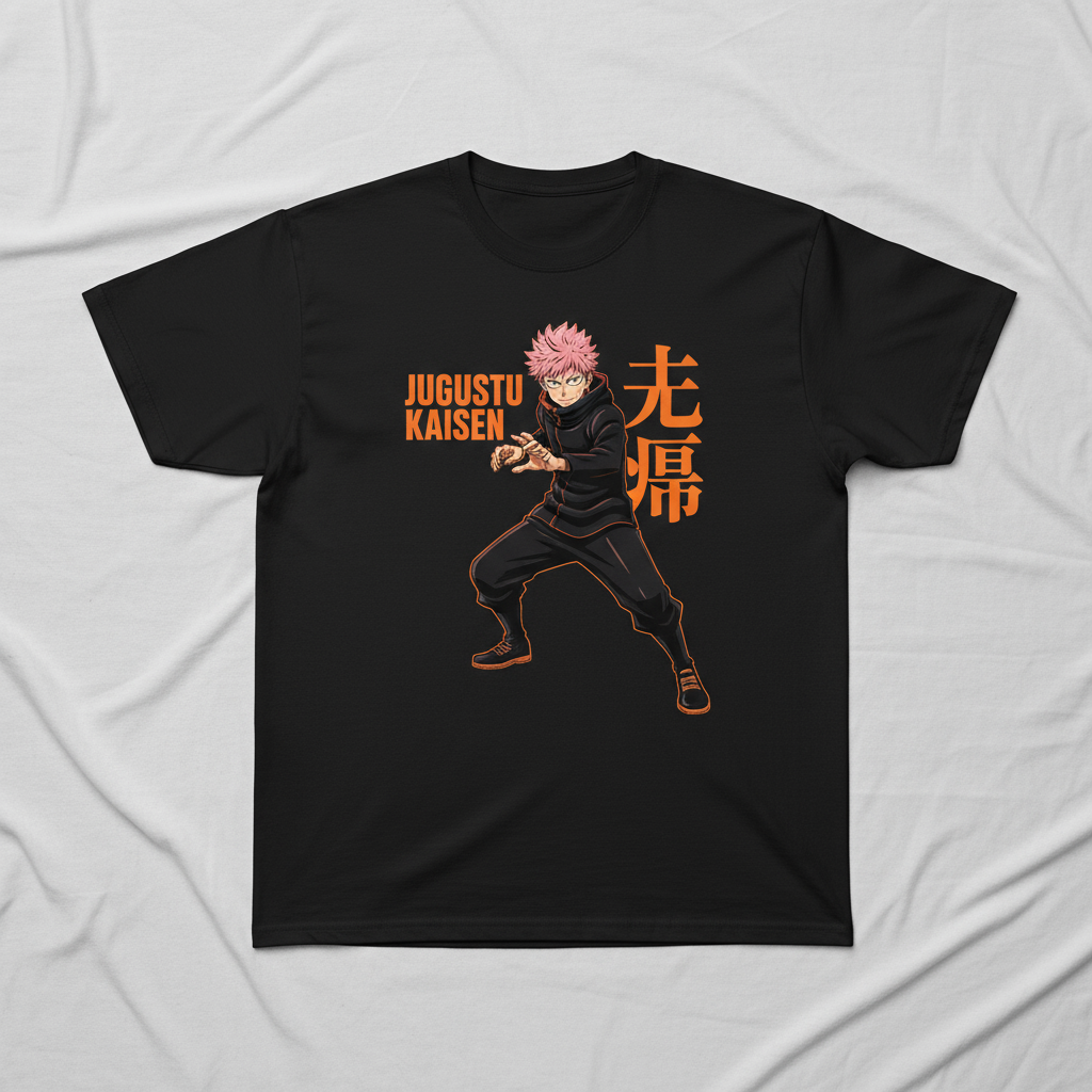 Black t-shirt with an anime character and 'Jujutsu Kaisen' text on a white background
