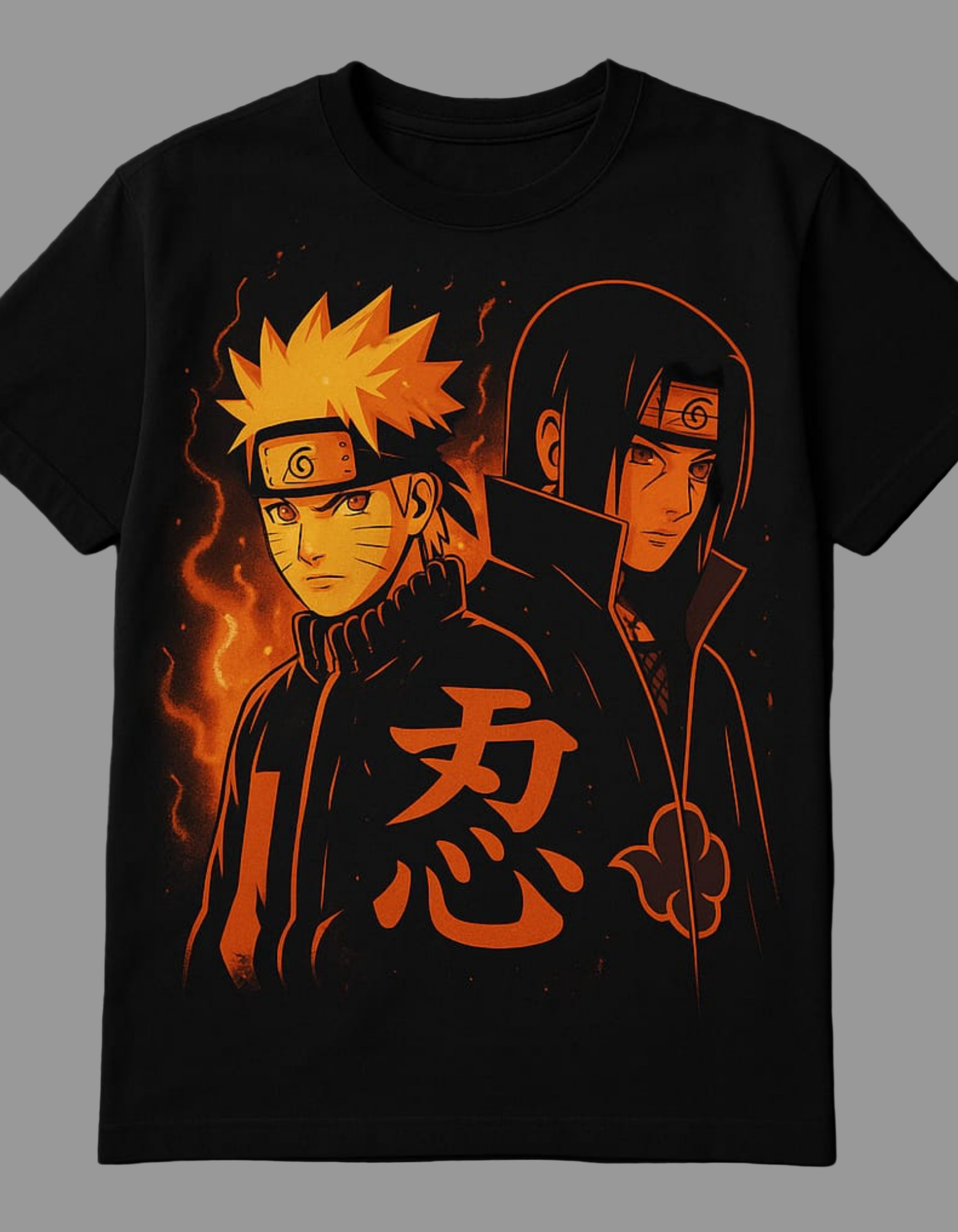 Black t-shirt with orange graphic of two characters and kanji on a dark background