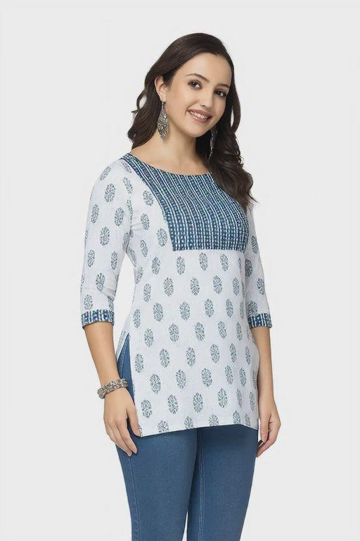 Women’s Blue & White Printed Cotton Kurti – Comfortable Daily Wear Top