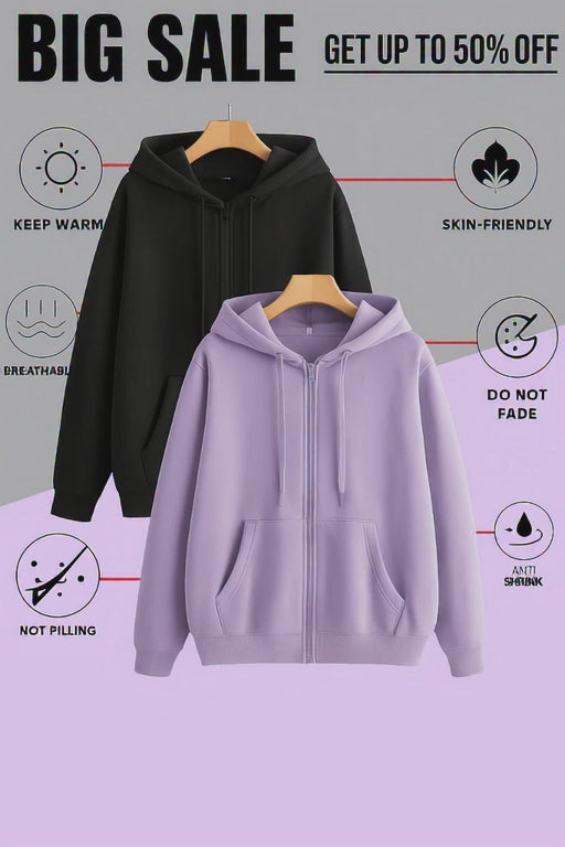 Unisex Winter Hoodie Combo (Pack of 2) – Black & Lavender Zip-Up Hooded Sweatshirts