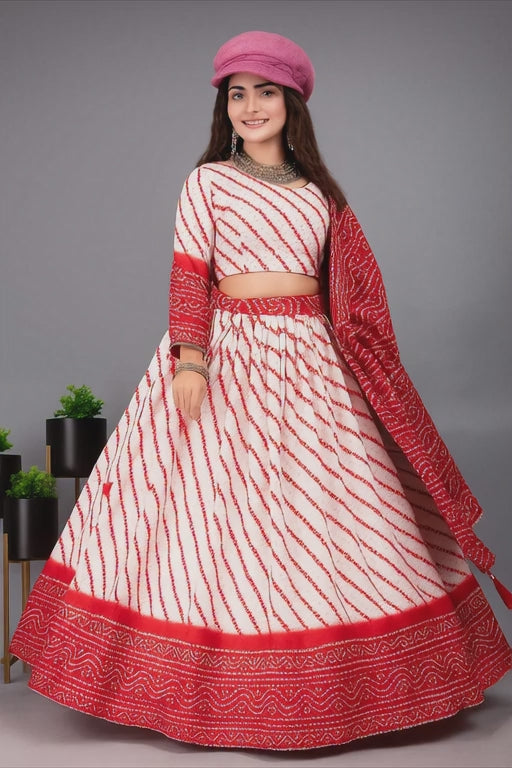 Red & White Bandhani Print Traditional Cotton Lehenga Choli with Dupatta – Festive Ethnic Wear for Women
