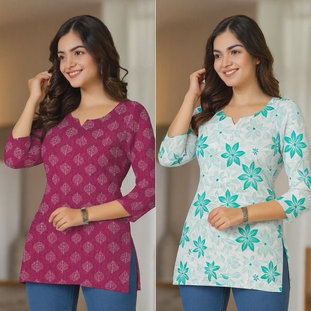 Women's Printed Cotton Kurti – Pack of 2 | Casual & Office Wear Tops | Soft & Comfortable Daily Wear