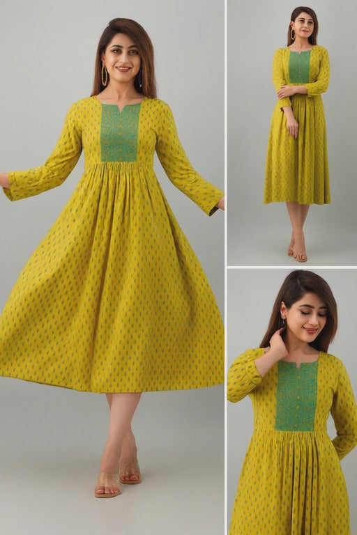 Mustard Yellow Printed Anarkali Kurti for Women with Embroidered Front Panel – Festive & Daily Wear