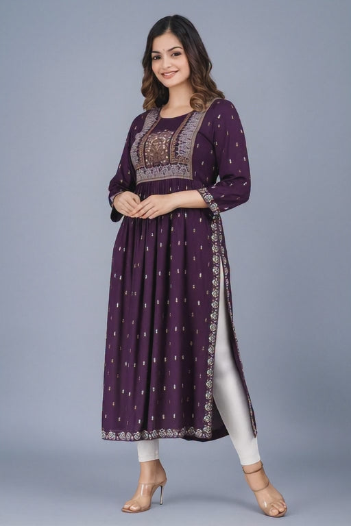 Women's Designer Purple Printed Anarkali Kurti with Embroidered Yoke – Festive & Ethnic Wear
