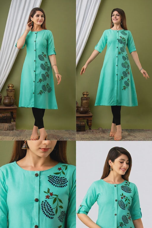 Aqua Blue A-Line Kurti for Women with Side Floral Embroidery & Front Button Design – Stylish Daily & Office Wear