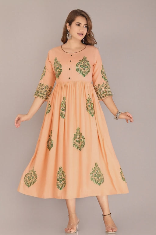 Peach Printed Anarkali Kurti for Women with Green Ethnic Motifs – Designer Festive Wear